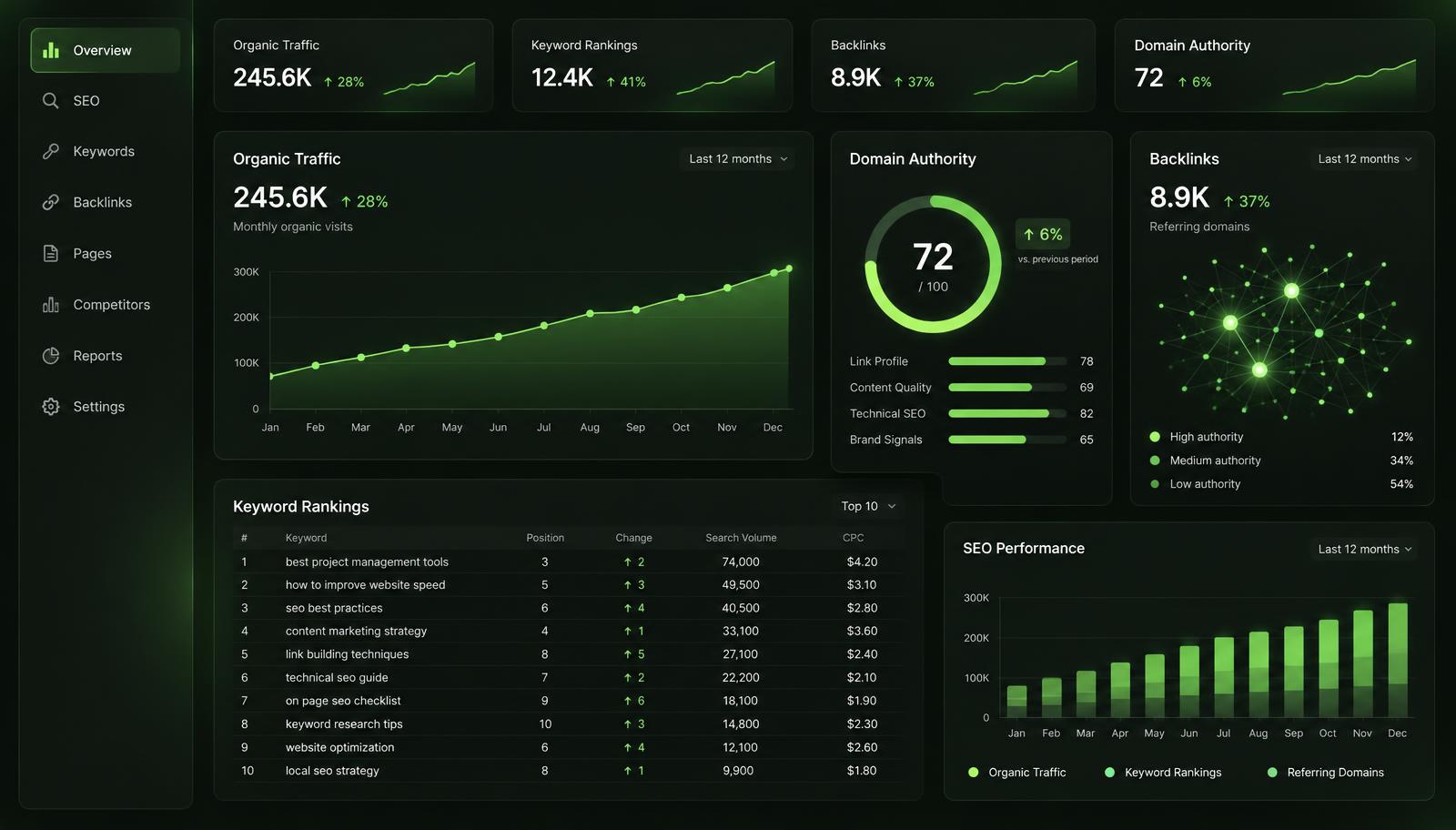 Blogrit client SEO results dashboard showing traffic growth, domain authority and backlink network